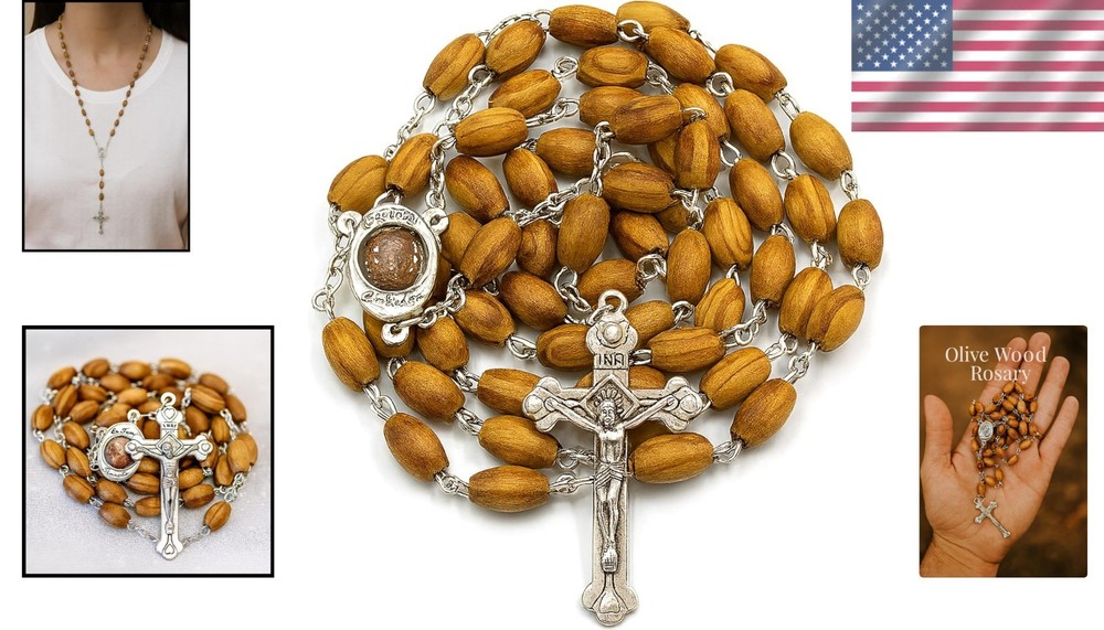Authentic Jerusalem Rosary: Olive Wood Beads & Soil Medal Gift with Certificate