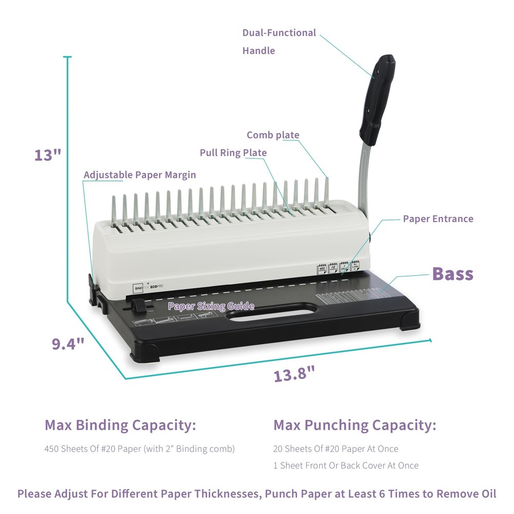 Binding Machine, 19-Hole, 450 Sheets, Comb Binder Machines with 100 PCS 1/2" ...