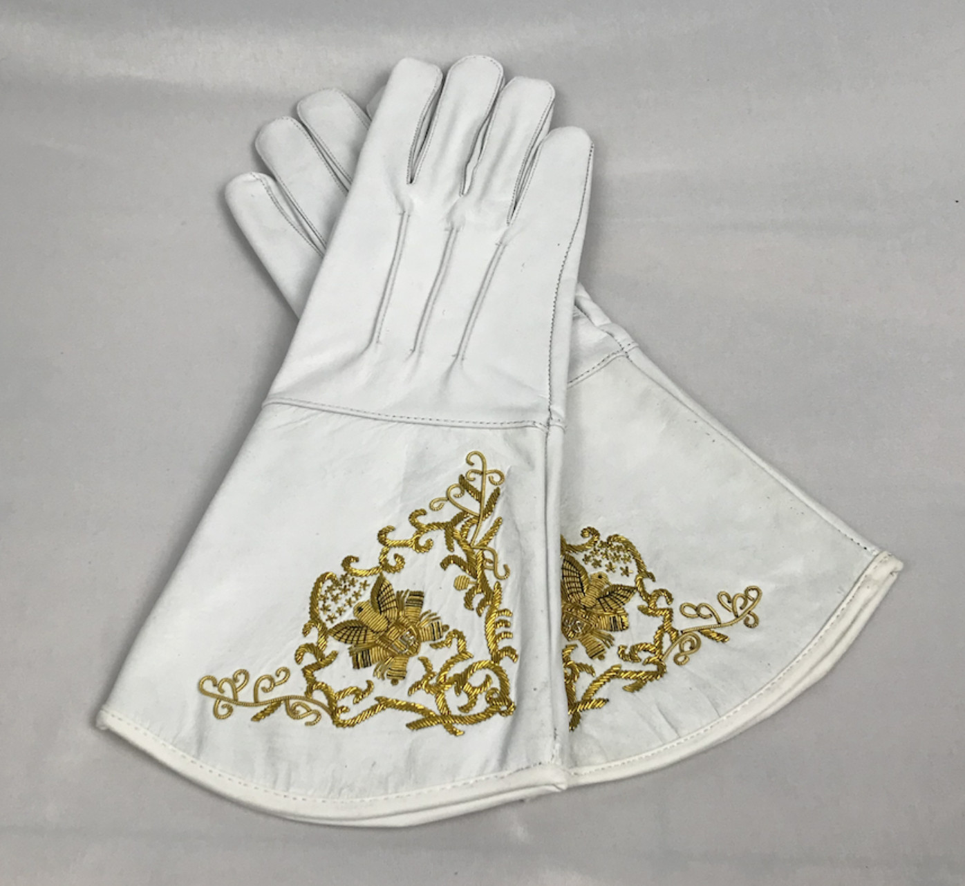 White Embroidered Artillery Gauntlets - Size Medium