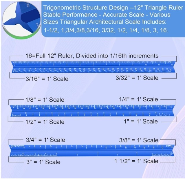 Architectural Scale Ruler,12"Aluminum Triangle Drafting Tool for Blueprints–Blue