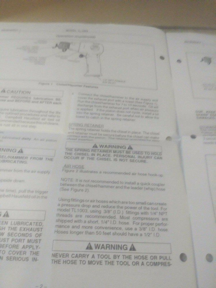 CAMPBELL HAUSFELD OPERATING INSTRUCTIONS CHISEL/HAMMER MODEL TL1003
