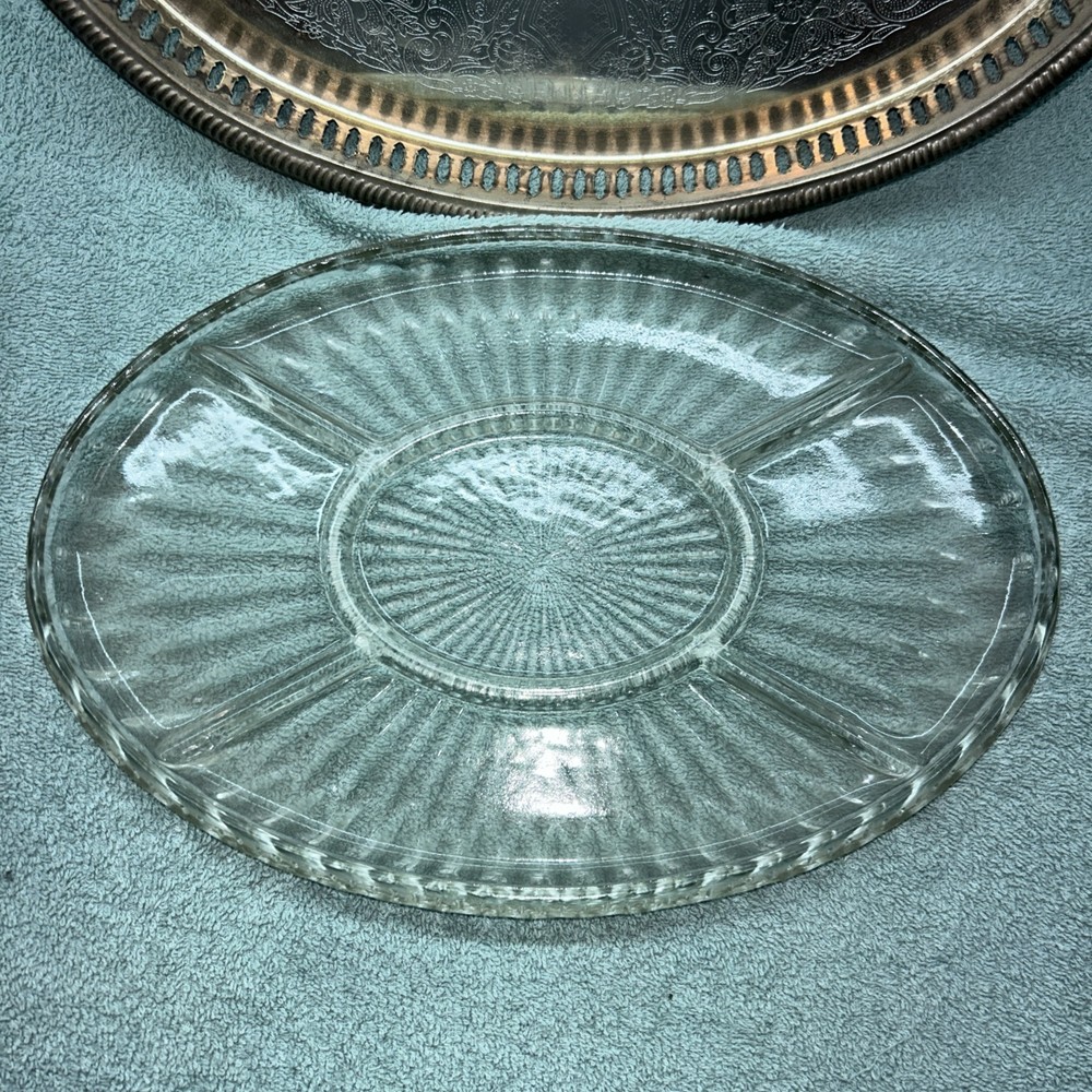 Vintage Silverplate Serving Tray 5 Section Crystal Insert