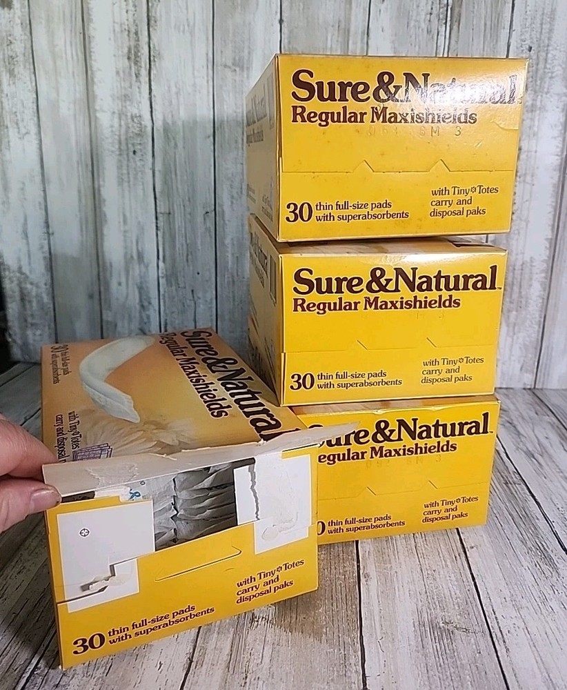 4 Box Lot VTG Sure & Natural Regular Maxishields Thin Full-Size Pads +Tiny Totes