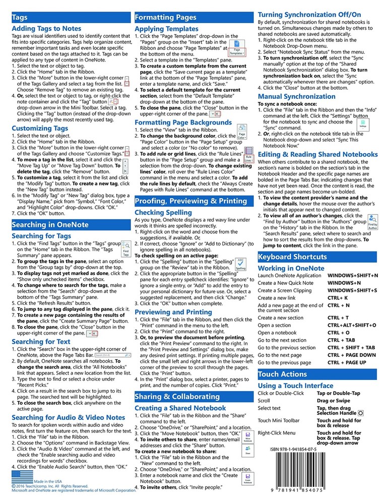 OneNote 2016 Training Guide Quick Reference Card 4 Page Cheat Sheet Instruction