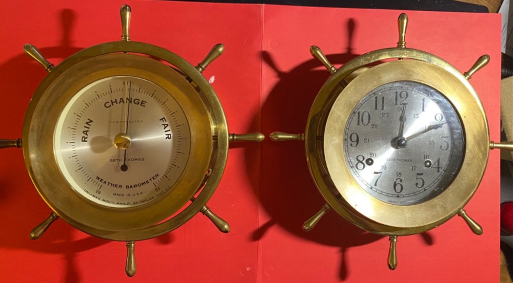 SETH THOMAS BRASS MARINE CLOCK AND BAROMETEr,  BOTH IN GOOD WORKING ORDER .