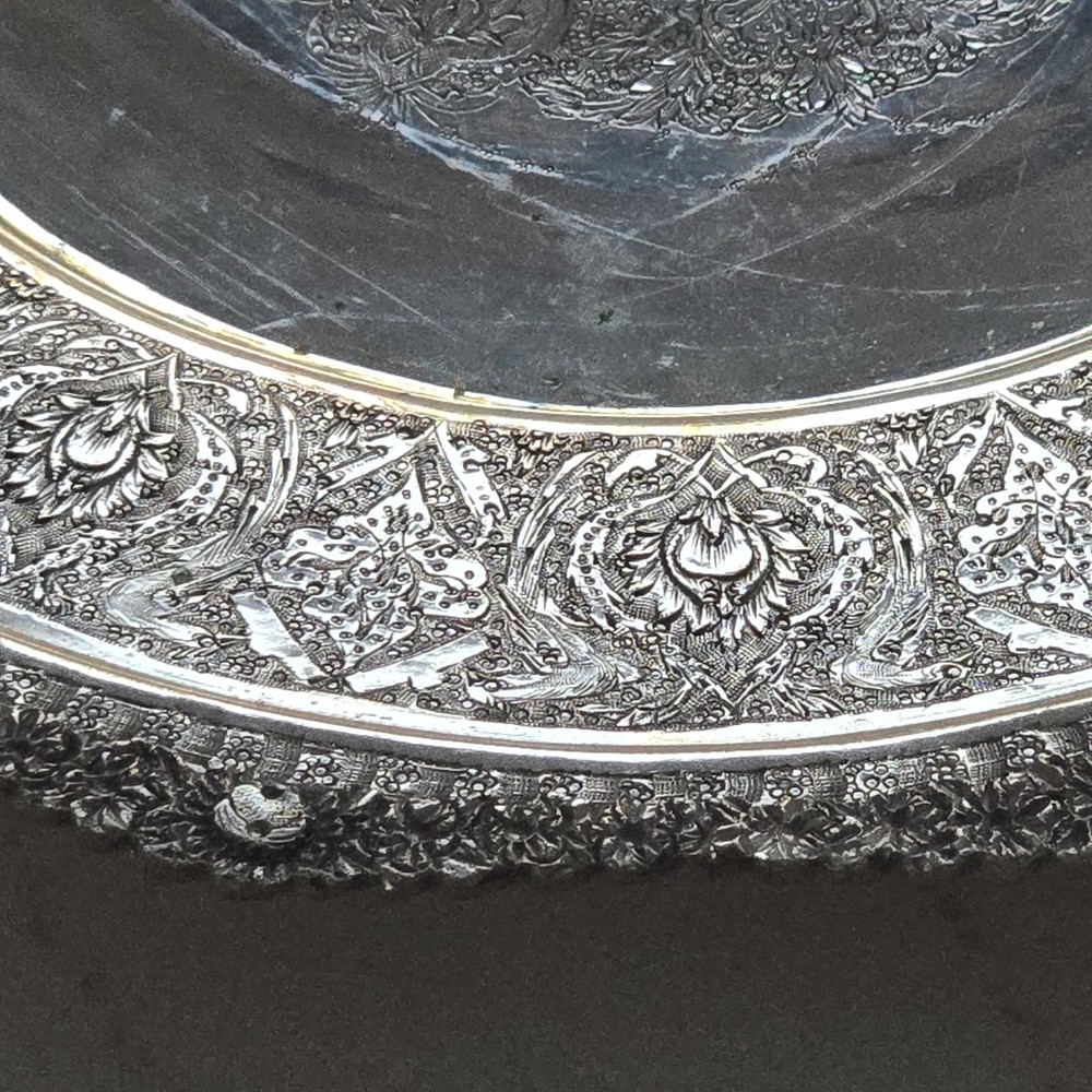 EXCEPTIONAL GENUINE ANTIQUE MIDDLE EASTERN SILVER ROUND TRAY DISH