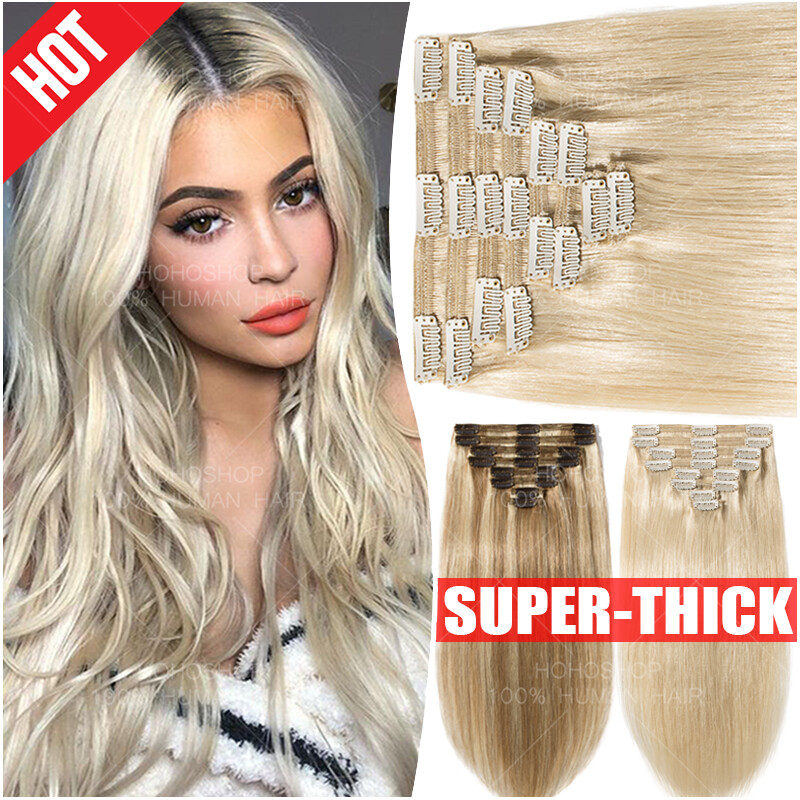 Luxury Thick Clip in Remy Human Hair Extensions Full Head Double Weft Highlight