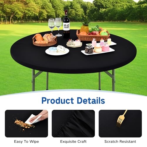 Round Elastic Fitted Tablecloth, Windproof Polyester Table 60" (Round) Black