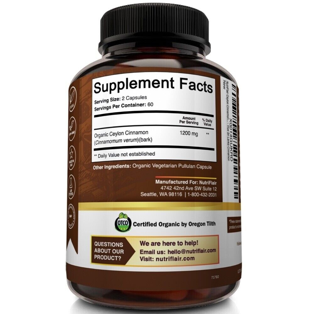 Organic Ceylon Cinnamon Capsules 1200mg - Maximum blood sugar support-120caps