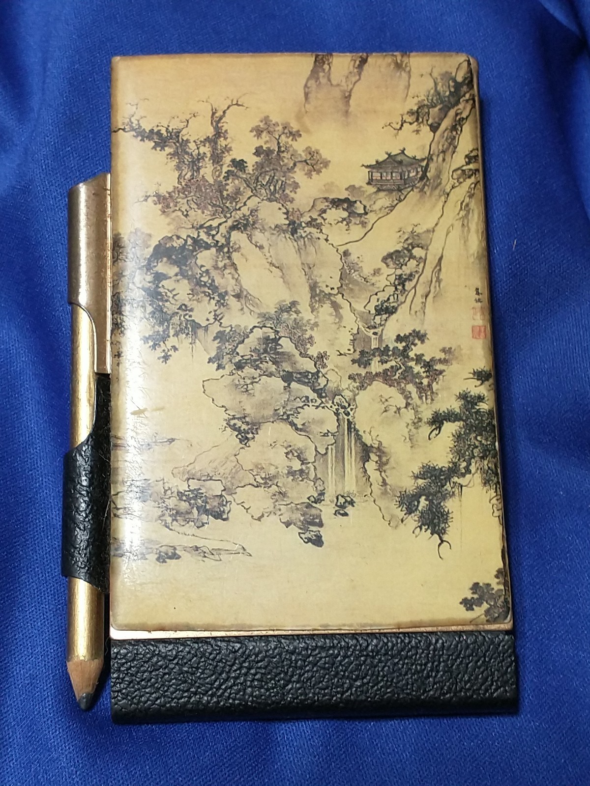 VINTAGE Celluloid Cover Pocket Notebook Mini “Memo” Notepad With Pencil PAGODA