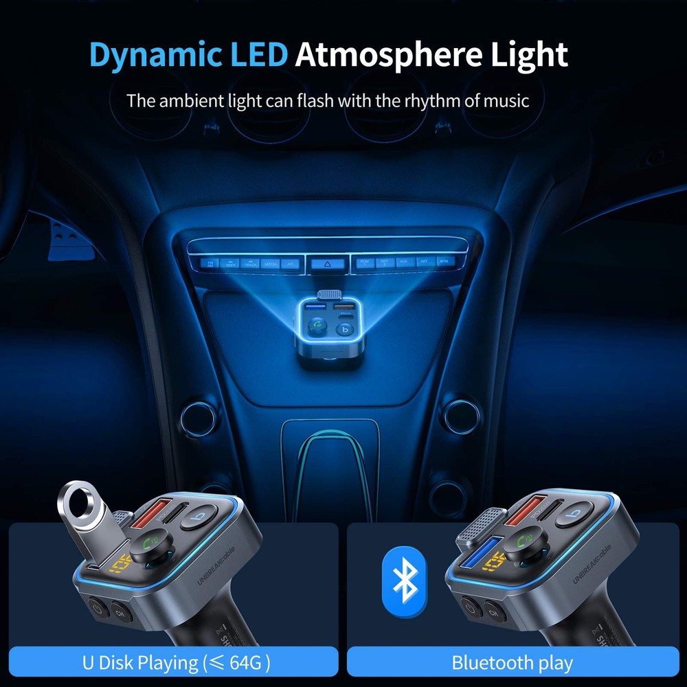 UNBREAKcable Bluetooth 5.3 FM Transmitter for Car, PD 20W + QC 3.0 Stronger M...