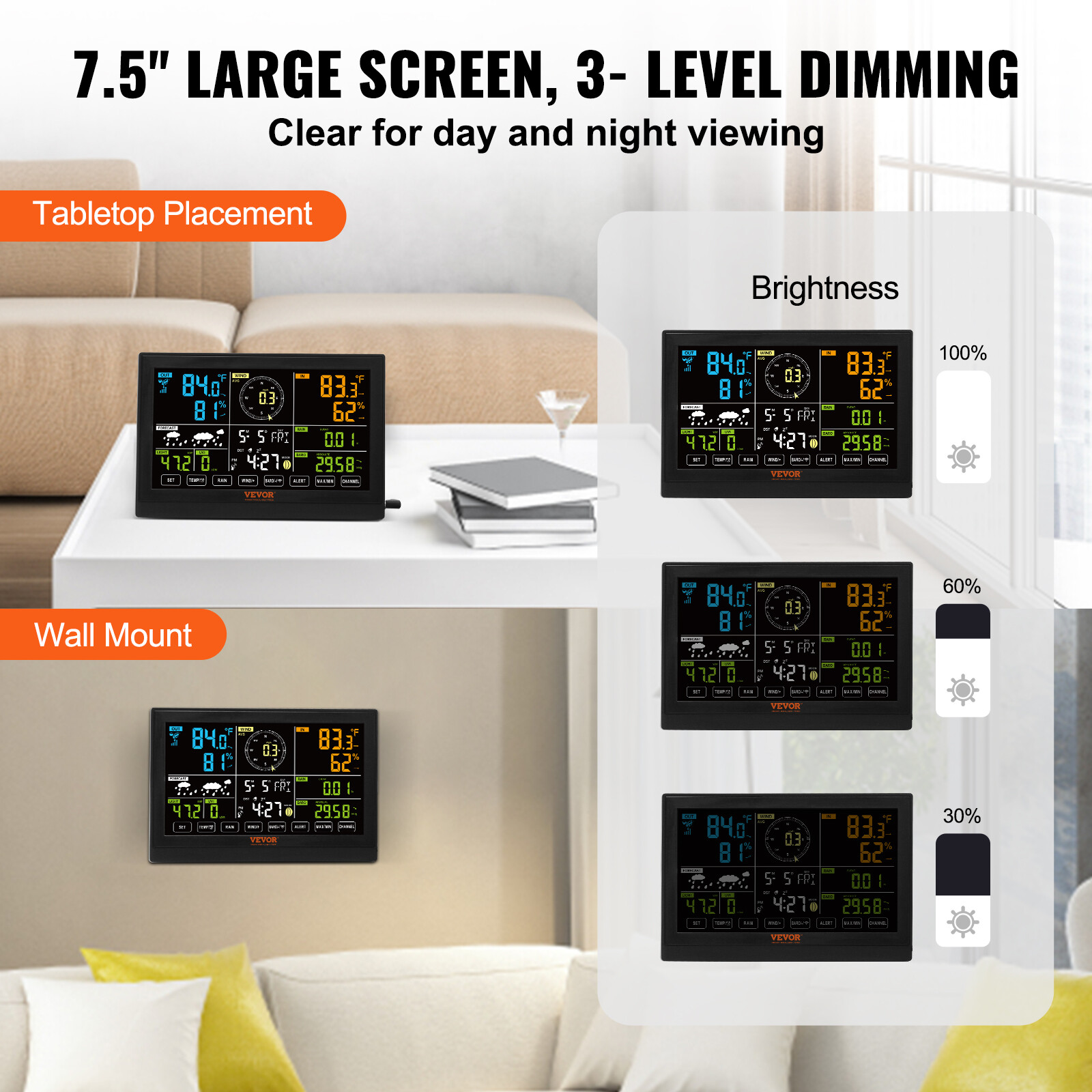 VEVOR 7-in-1 Wireless Weather Station 7.5 in Large Display for Indoor Outdoor