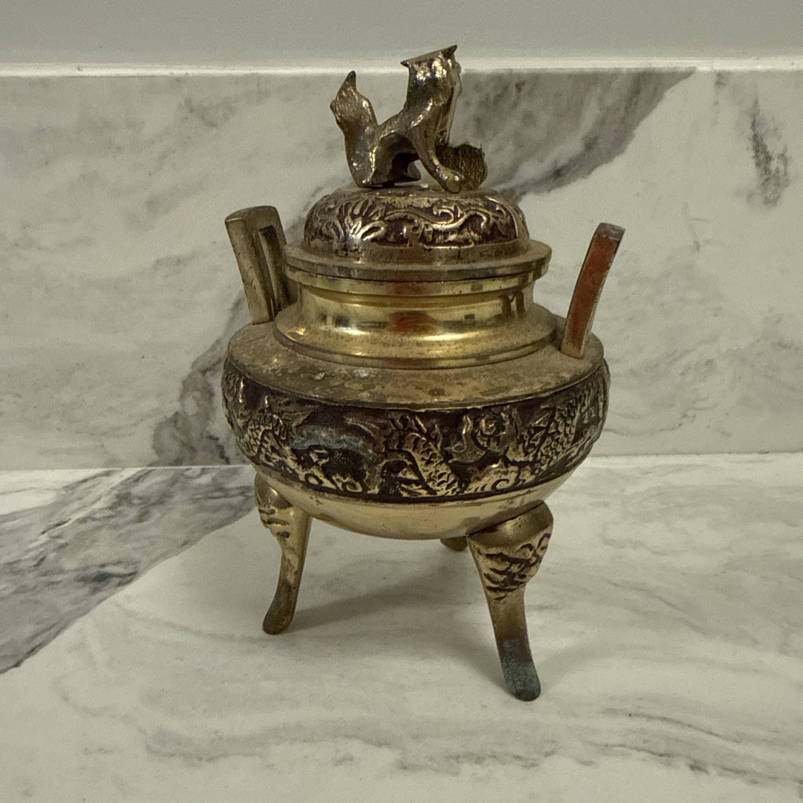 Old Chinese Metal Censer Foo Dog Dragon Motif Estate Find