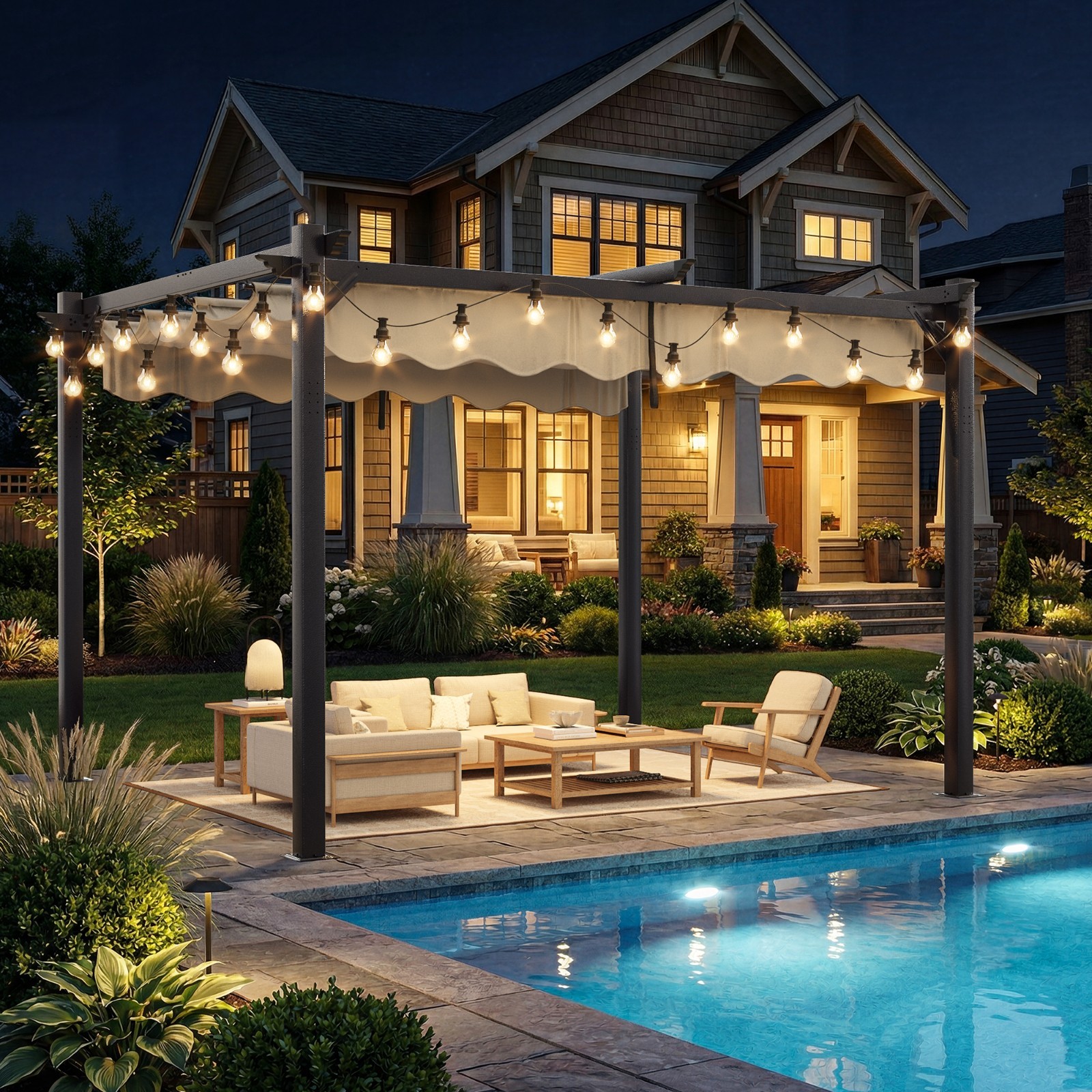 10 x 12 FT Black Outdoor Patio Pergola with Retractable Sun Shade Canopy