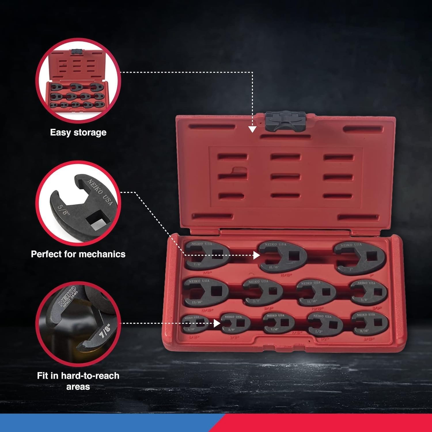 Neiko 03323A Crowfoot Wrench Set 1/2 and 3/8” Drive, 12 Piece, SAE Crows Foot