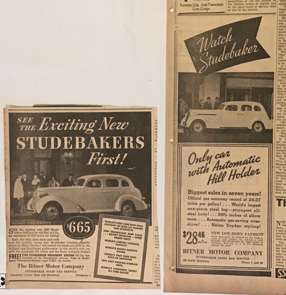 Two 1936 newspaper ads for Studebaker, 1936 & 1937 models, Automatic Hill Holder