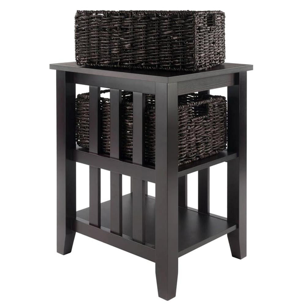 Pemberly Row Transitional Wood Side Table with 2 Foldable Baskets in Espresso