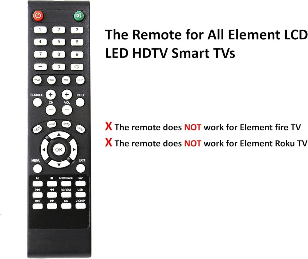 Universal Remote Control Replacement for Element TV - Not fire & Black