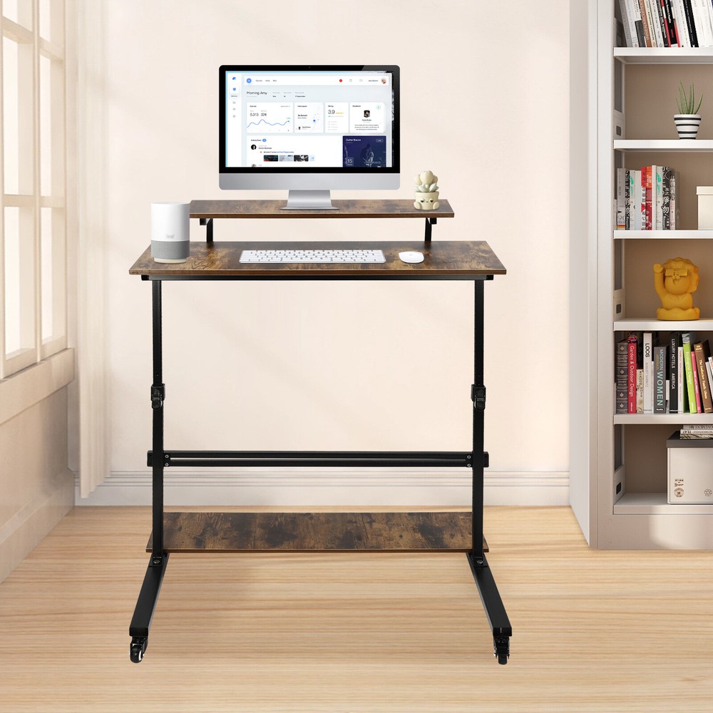 Rolling Laptop Desk Adjustable Height Computer Table Stand up Office Workstation