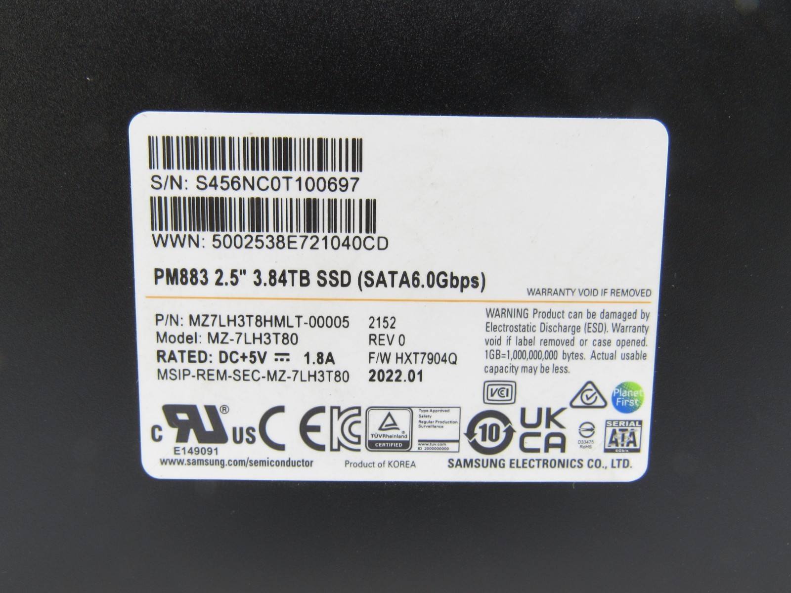 MZ-7LH3T80 Samsung PM883 Series 3.84TB 2.5" SATA 6Gb/s SSD MZ7LH3T8HMLT Grade A