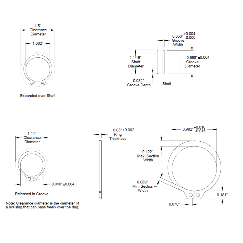 1 1/16" (1.062) External Snap Ring, Retaining Ring, SAE Black Phosphate Inch NEW