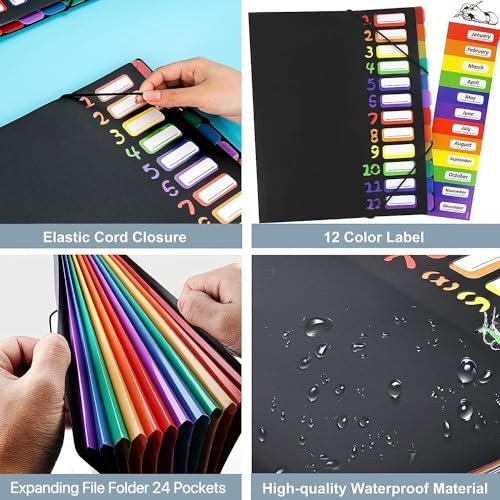 Rainbow Tab Expanding File Folder - 24 Pockets, Durable A4 Black - 24 Pockets