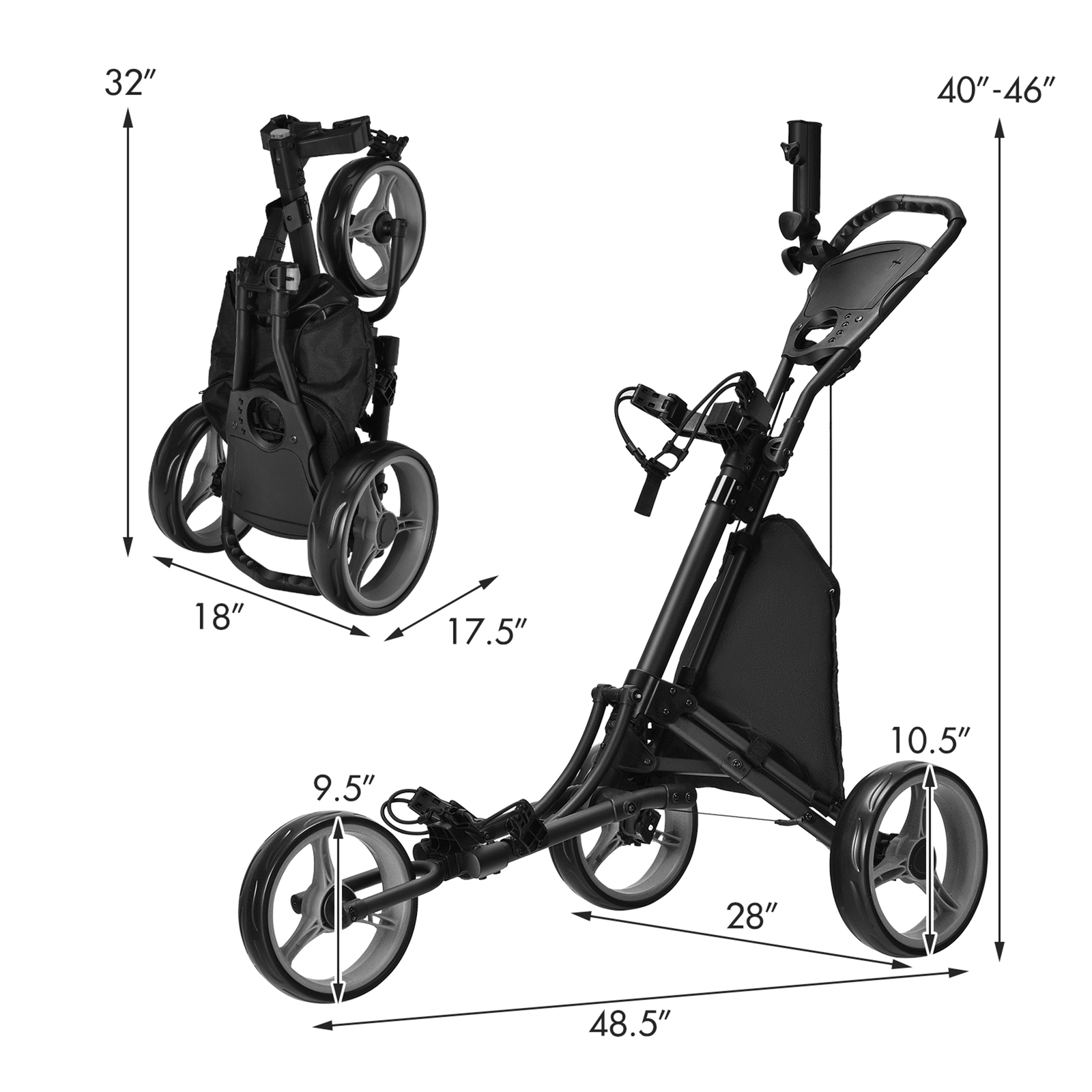 3-Wheel Foldable Golf Push Pull Cart Trolley w/ Adjustable Handle Grey