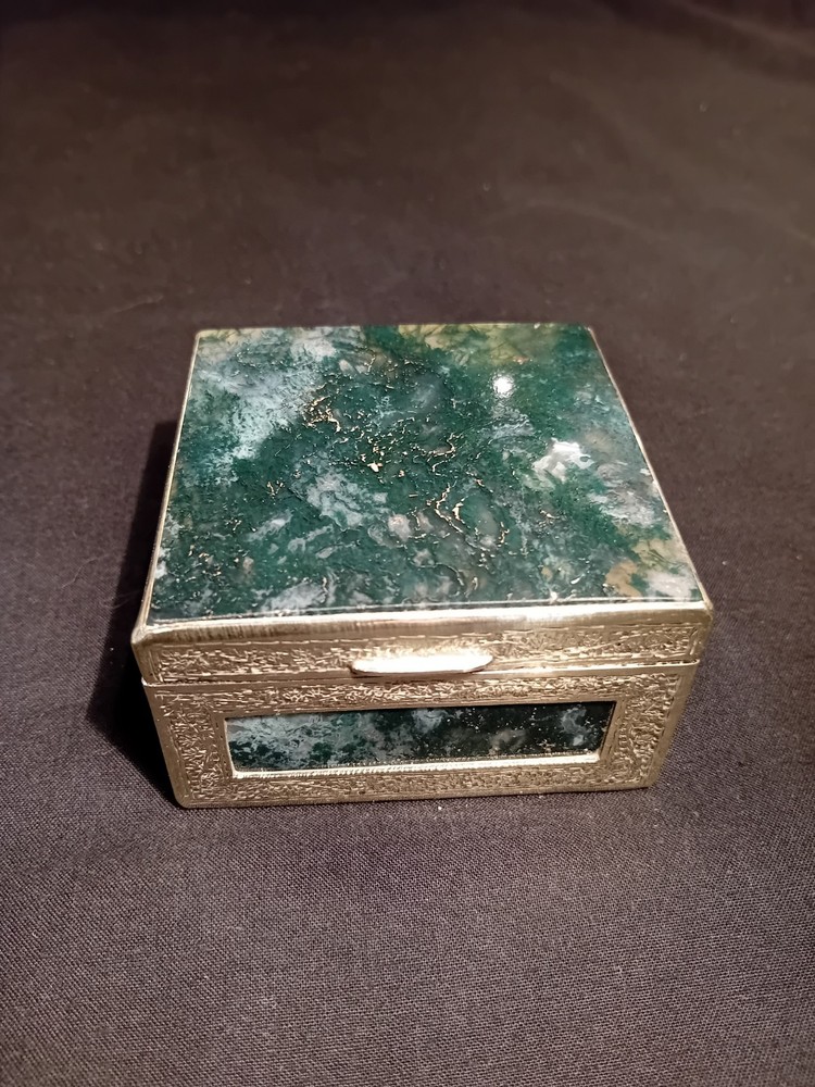 Fabulous  Moss Agate & Silver Metal Box.
