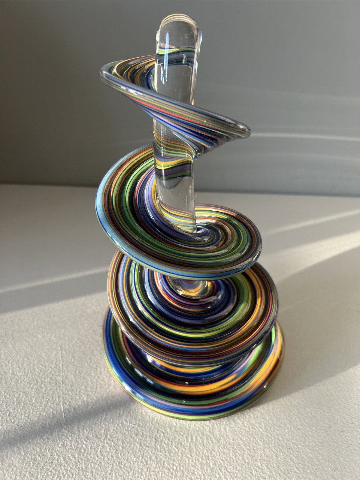 Thomas Kelly Heechee Rainbow Swirl Signed Art Glass Sculpture Signed 10.75" Tall