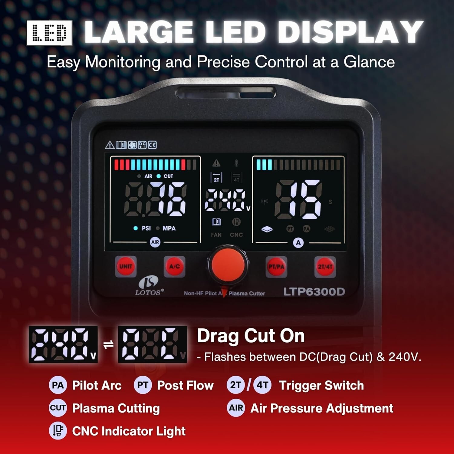LOTOS LTP6300D 63A Non-Touch Pilot Arc Plasma Cutter, Drag Cut, Non-HF, 110/220V