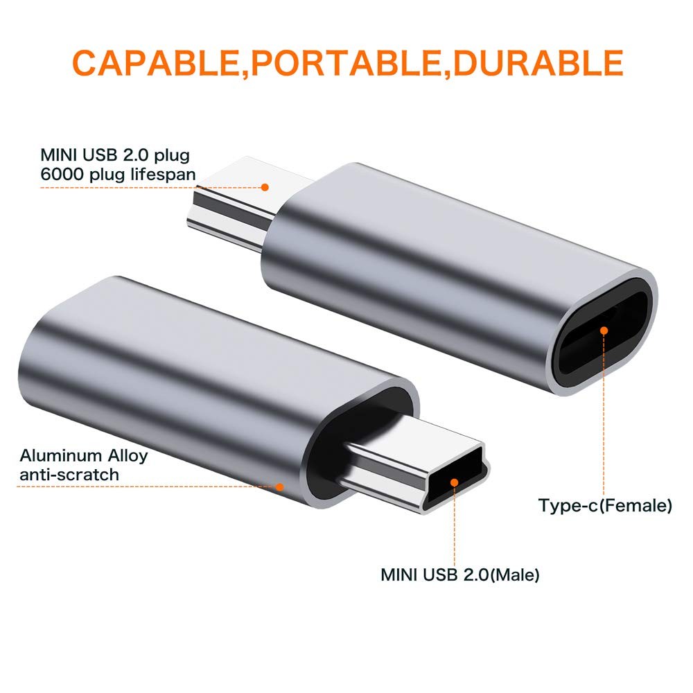 USB C to Mini 2.0 Adapter, (2-Pack)Type C Female Gray