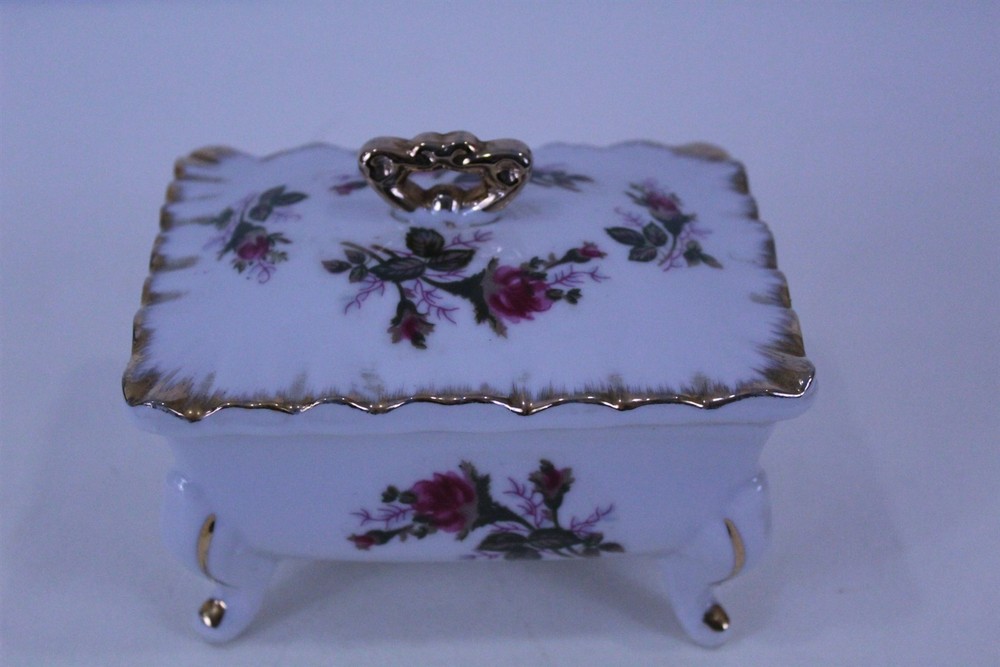 Vintage Rectangle Covered Porcelain Compote Dish Floral Transferware