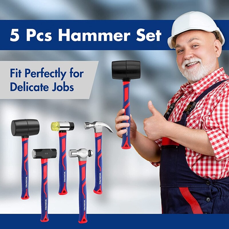 WORKPRO Hammer Set 5PC 16oz Claw Hammer 32oz Rubber Mallet 3lb Sledge Hammer Set