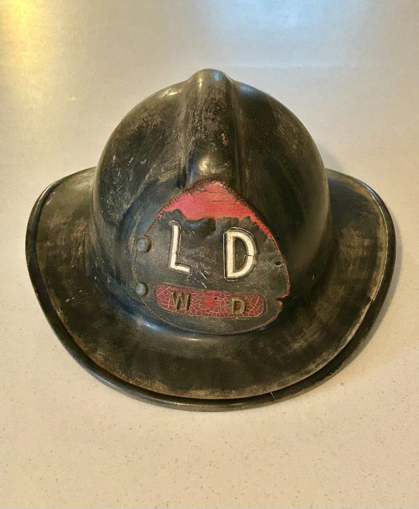 Vintage Cairns Fireman Helmet With Leather Patch - Salty Solid Shell WFD MA