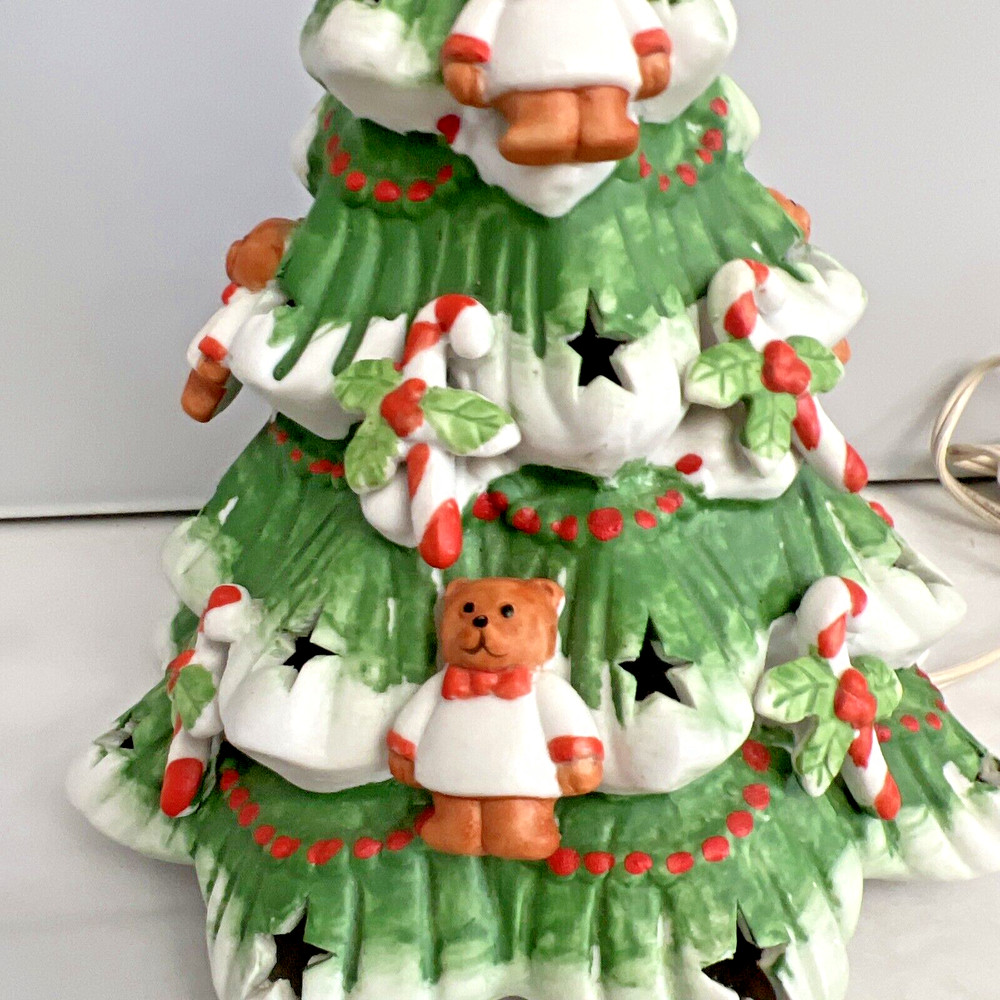Lighted Ceramic Christmas Tree Bears Candy Canes Stars Snow 9"