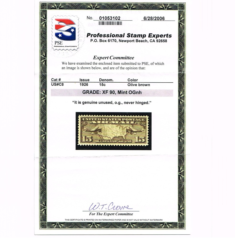 EXCEPTIONAL GENUINE SCOTT #C8 MINT PRISTINE OG NH PSE CERT GRADED XF-90