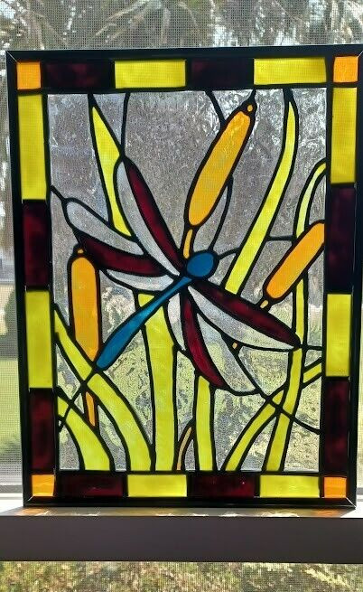 Dragonfly Stained Glass Window Panel Hand Painted