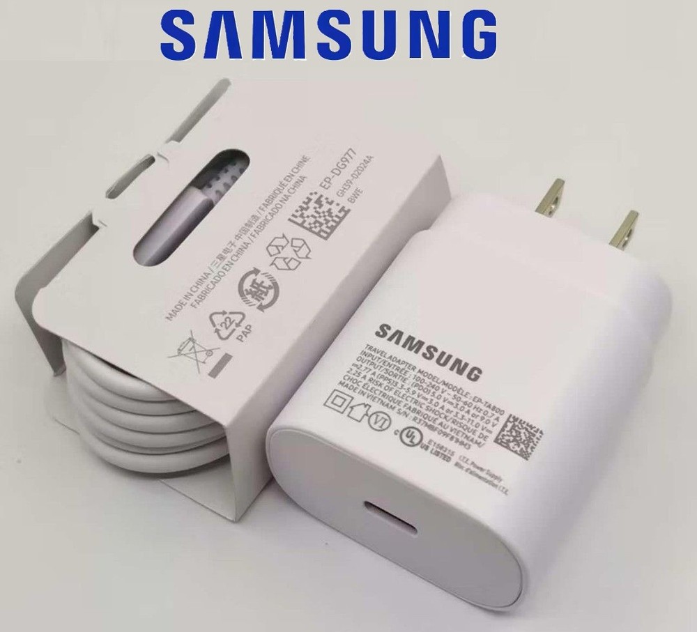 Genuine OEM White Samsung Galaxy 25W Super Fast Wall Charger & Type C Data Cable