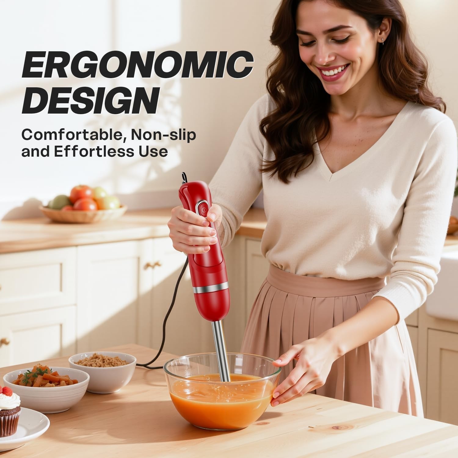 Red Handheld Immersion Blender, 2-Speed, Stainless Steel, Corded