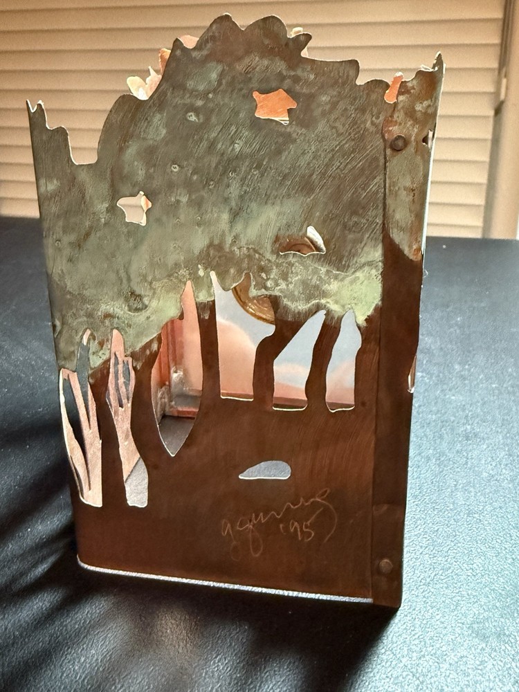 Unique Copper Candle Holder, Moon Face, Signed - 1995