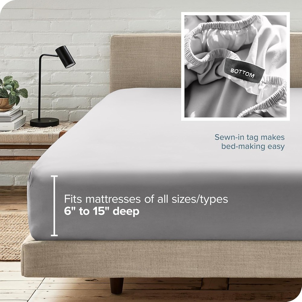 Queen Fitted Bottom Sheet, Microfiber, Deep Pocket, Light Grey