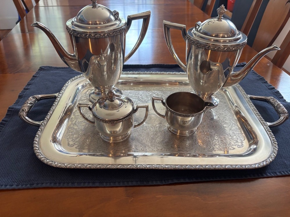 Wm. A. Rogers “Berwick” Silver-Plated Tea & Coffee Service Set – 5 Pcs w/ tray