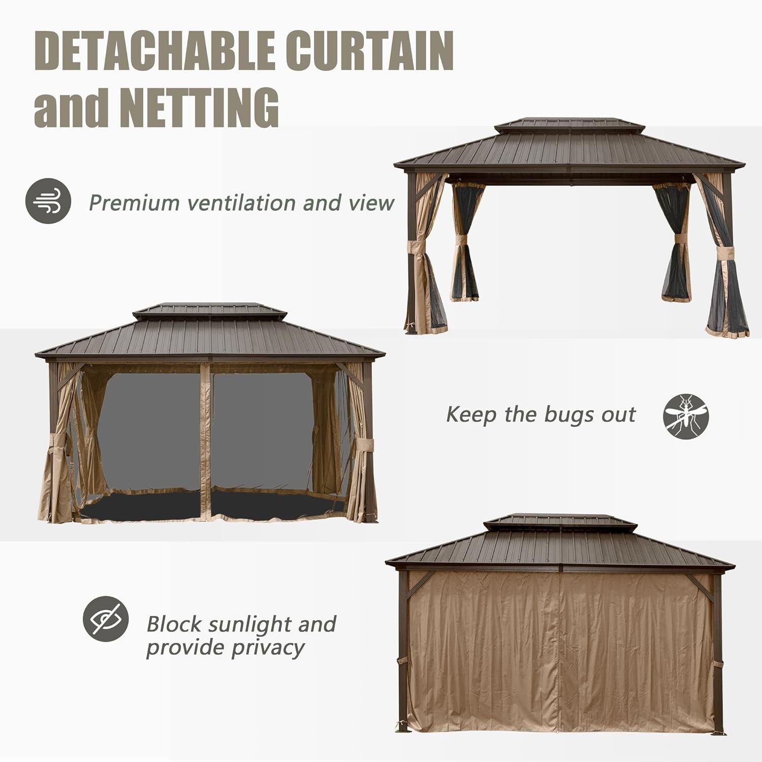Domi 10’ x 12’ Hardtop Gazebo Outdoor Aluminum Gazebo w/Curtains and Net, Brown