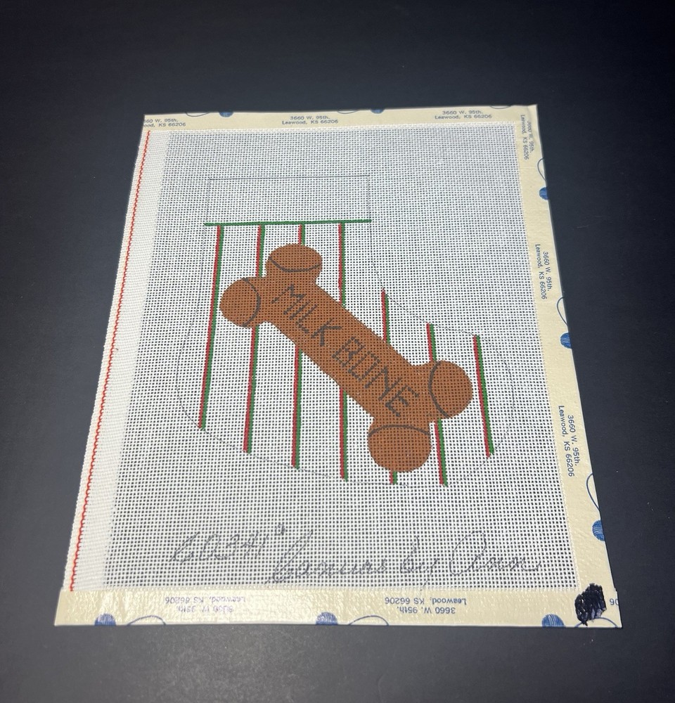 HAND PAINTED NEEDLEPOINT CANVAS MINI-STOCKING FOR DOG, MILKBONE, 18CT