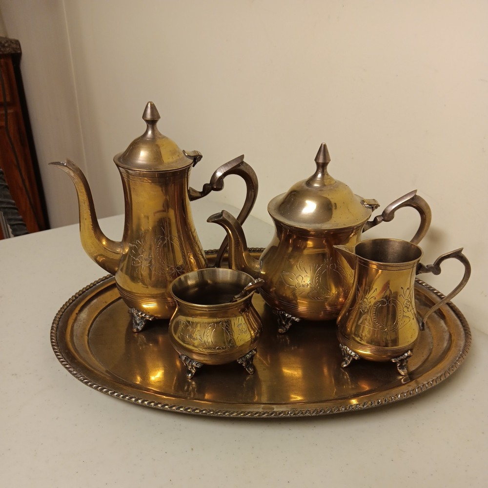 Vintage Solid Brass Coffee Tea Service W/ Tray Etched