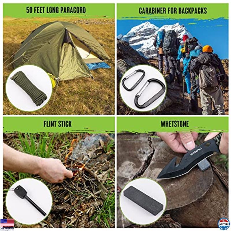 WORKPRO Camping Tool Set: Hatchet, Machete, Fixed Blade Knives, Headlamp & Flint