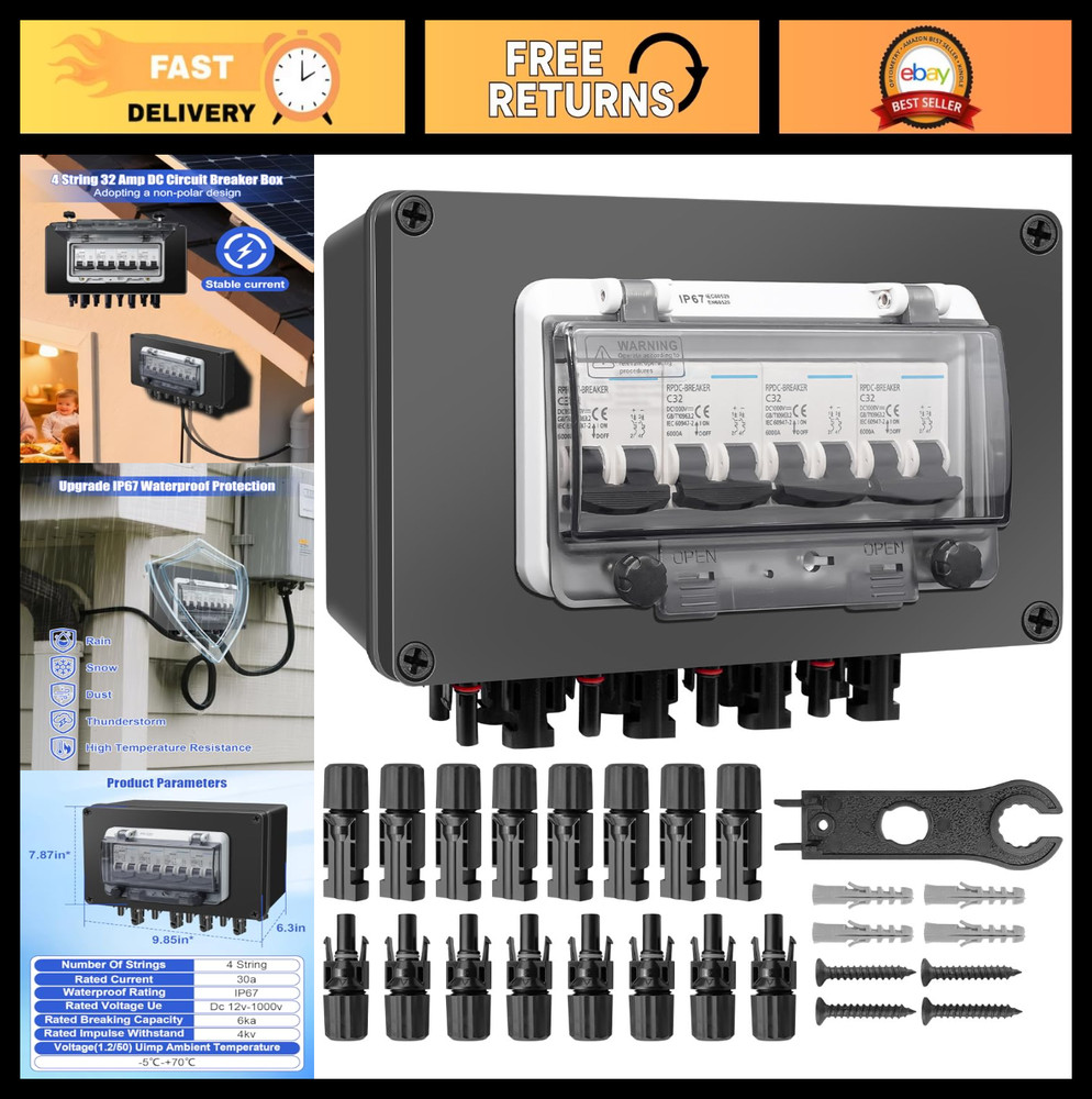 32A Solar Panel Disconnect Switch, Waterproof IP67 Combiner Box, 4 String DC Bre