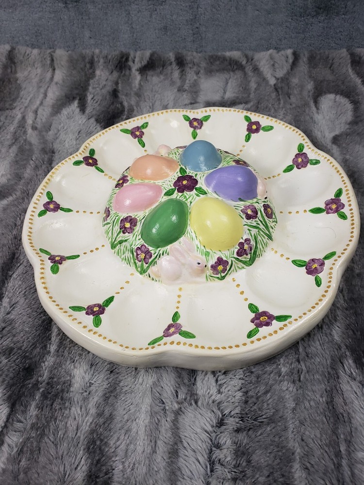 Vintage Deviled Egg Spring Easter Bunnies Flowers Plate Platter Ceramic