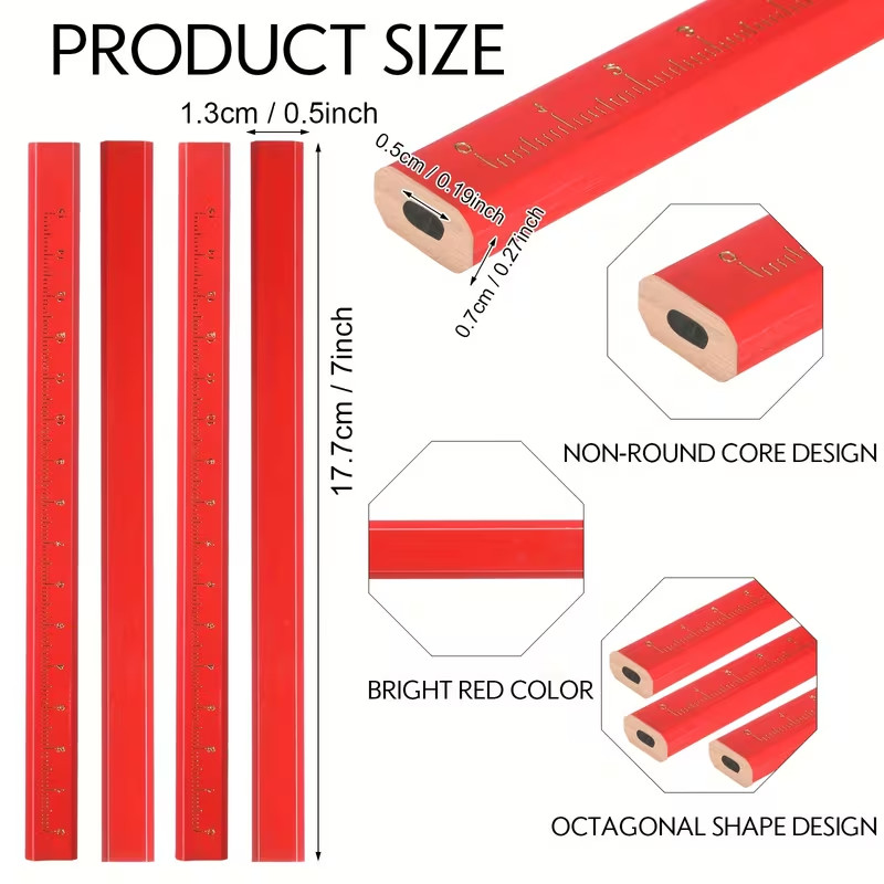 300pc Bulk Carpenter Pencils 7" Red Octagonal Marking w/ Ruler