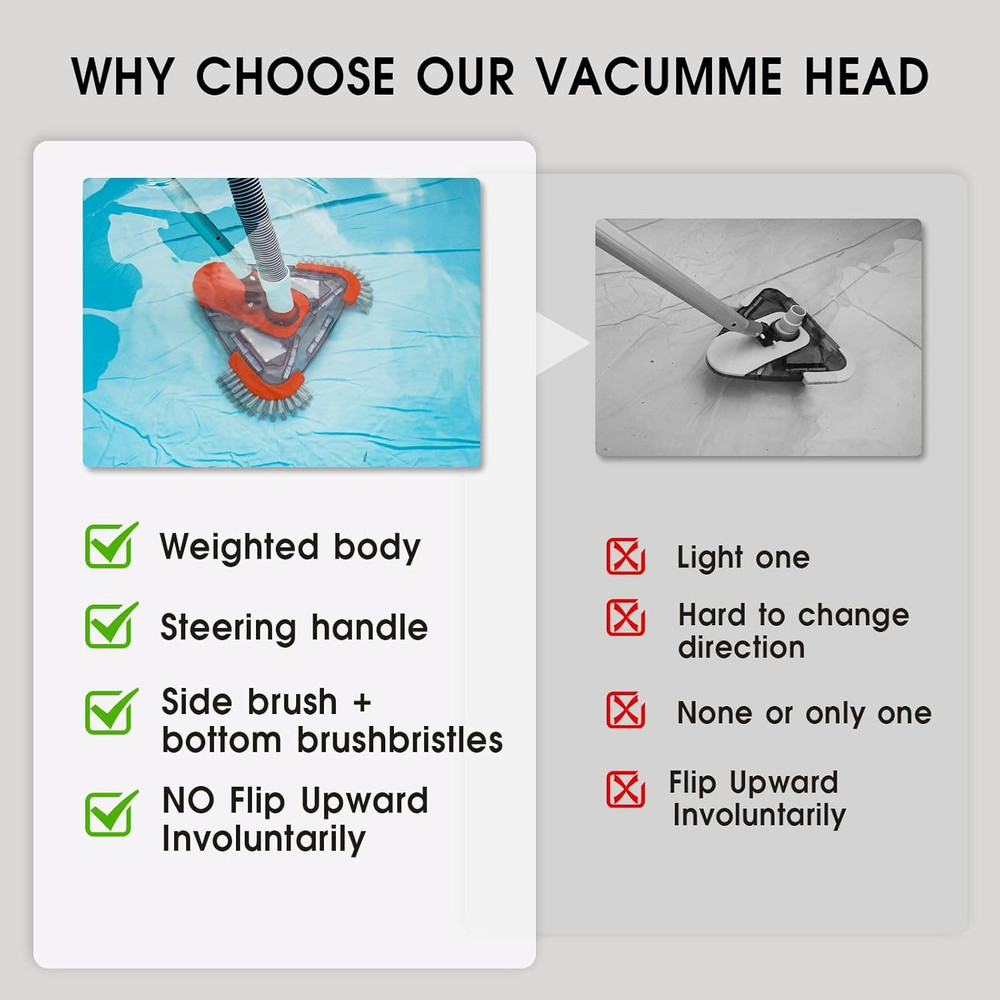 Pool Vacuum Head with Side Brush,Universal Steering Handle & Universal Rotatable